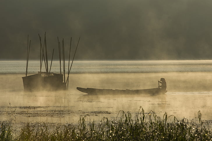 лодка, рибар, езеро, мъгла, селски, изгрев, природата