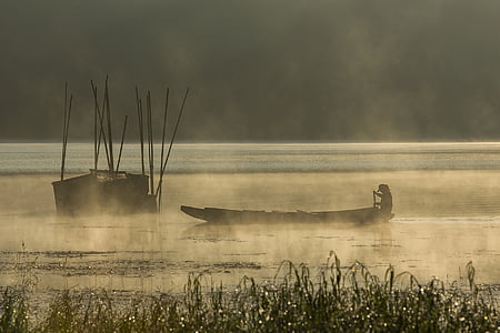 boat, fisherman, lake, mist, rural, sunrise, nature