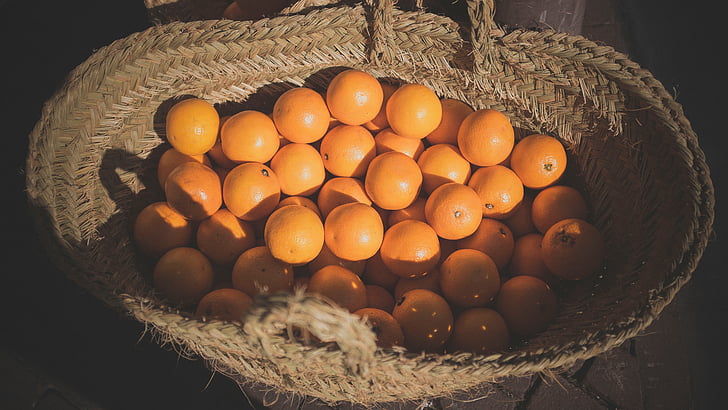Closeup, Foto, hromada, pomeranče, Proutěný, Koš, oranžová