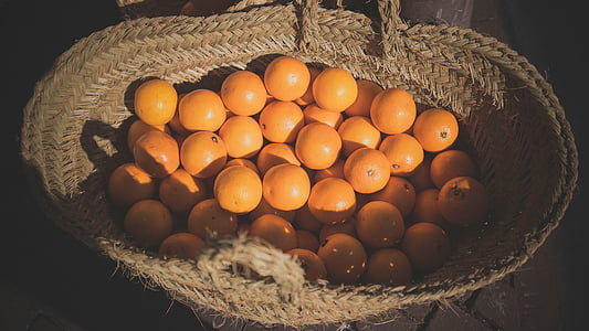 närbild, Foto, högen, apelsiner, Wicker, korg, Orange