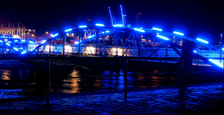 bridge, illuminated, night, port, night photograph, hamburg, speicherstadt