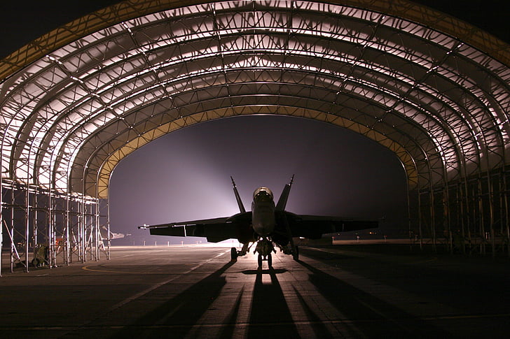 hangar, jet, aircraft, fighter, silhouette, light, night