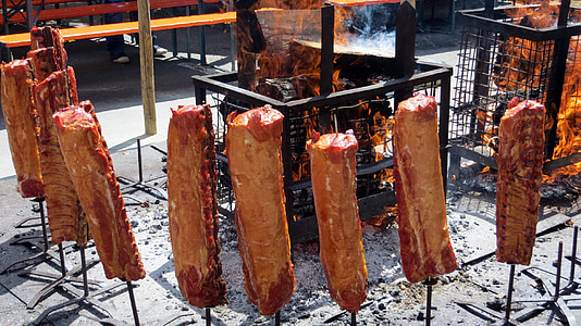 meat, smoked pork chops, fire, barbecue, eat, pleasure, skewers