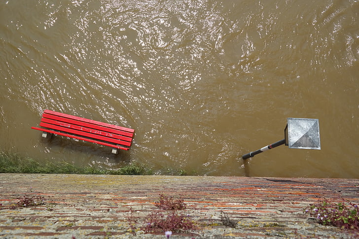 high water, park bench, street lamp, flooding, red, bank, in the water