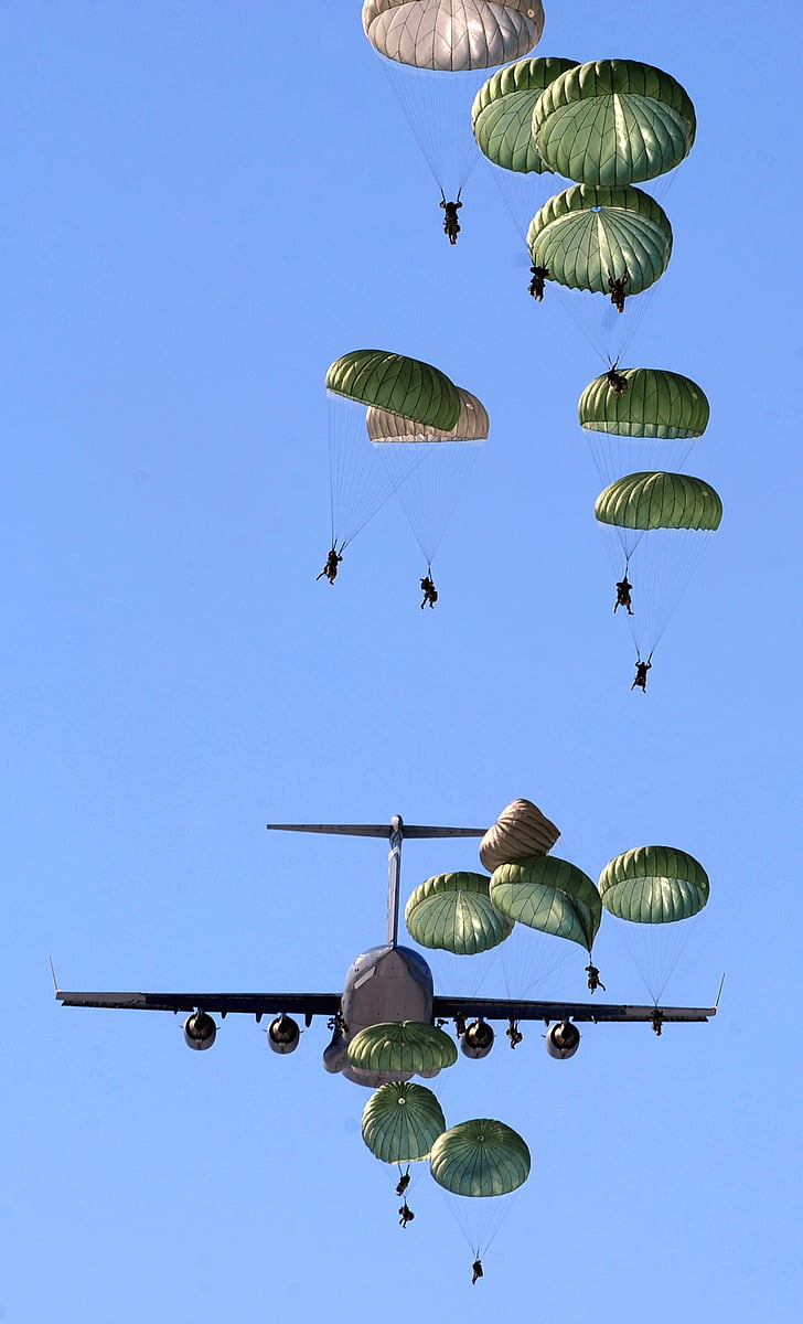 jet, military exercise, parachuters, parachutes, plane, prctice, sky