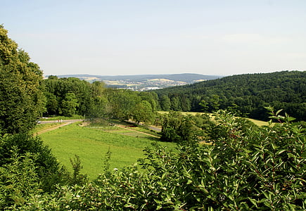 meadow, forest, hiking, nature, eifel, distant view, sky