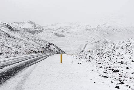 snow, capped, covered, road, near, mountain, daytime