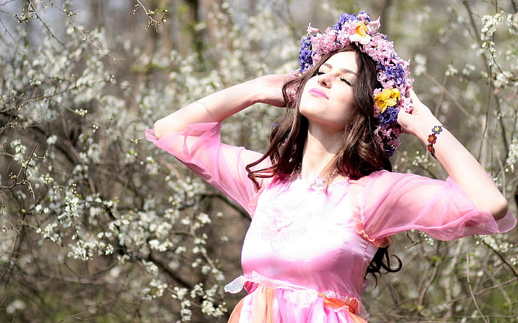 girl, spring, flowers, wreath, joy, white, pink