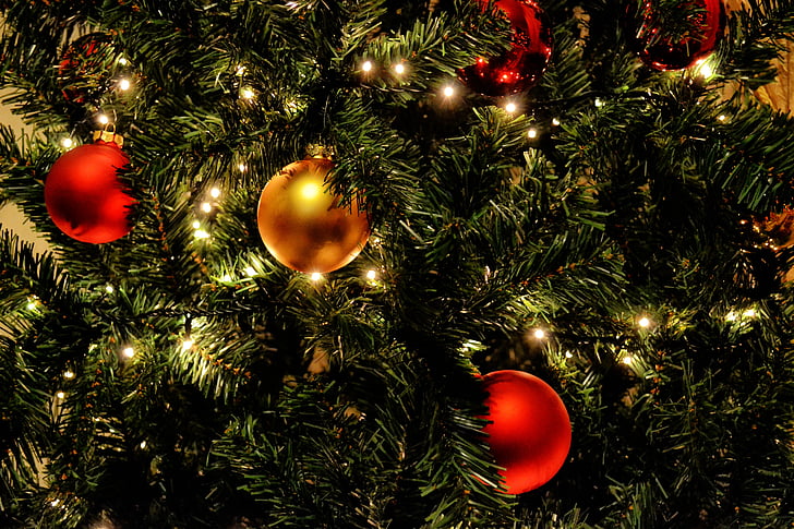 christmas tree, lights, balls, red, gold, holiday, tree