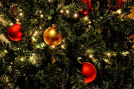 christmas tree, lights, balls, red, gold, holiday, tree