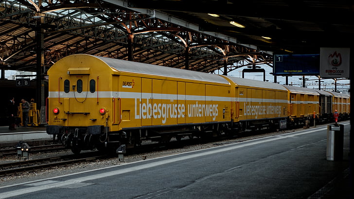 gul, Inlägg, vagn, järnvägsstation, Lausanne, Schweiz, tåg