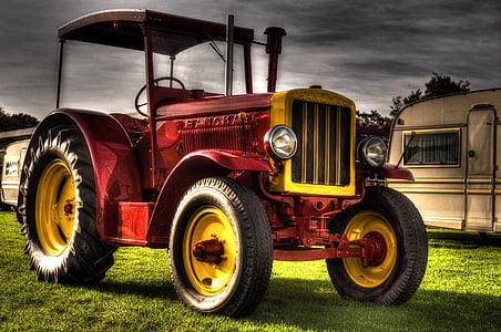 red, tractor, trailer, wheels, tires, hdr
