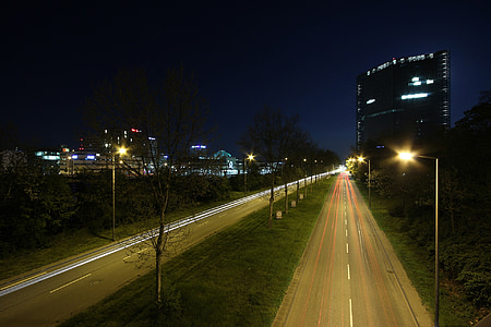 road, night, city, mannheim, light streaks, traffic, long exposure