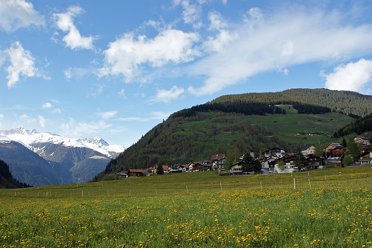 Medel, Šveicarija, kraštovaizdžio, vaizdingas, kalnai, kaimas, dangus
