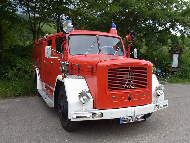 Auto, Oldtimer, feu, rouge, camion de pompier