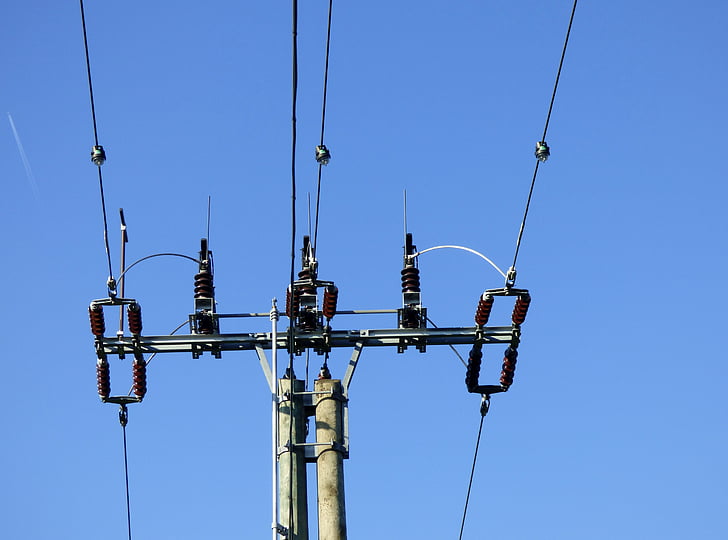 pilón, electricidad, alto voltaje, líneas eléctricas, cielo azul, cables de, cables