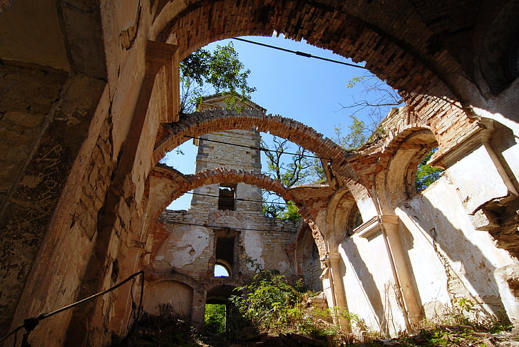 les ruïnes de la, l'església, devastació, ombrejat, cel, arc, ruïna antiga