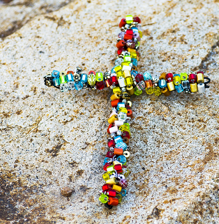 cross, beaded, beads, rock, colorful, rainbow, object