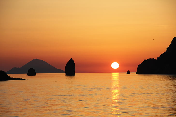 Vulcano, Ilhas Eólias, pôr do sol, Sicília, mar, rocha