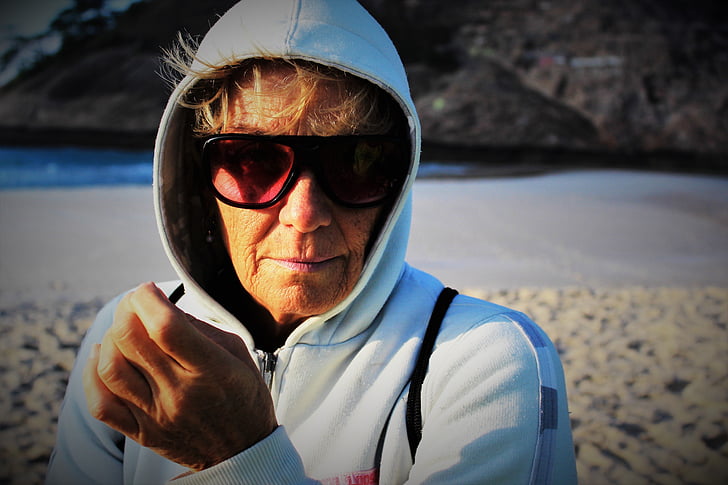 elderly woman, woman, beach, sunglasses, white, landscape, cottage