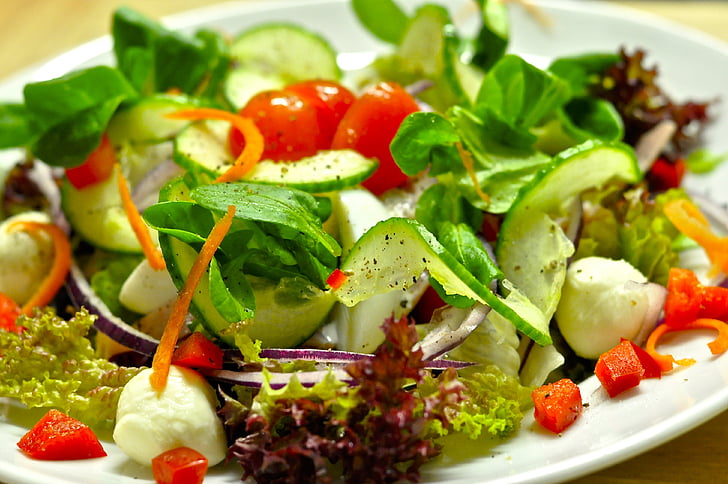 salada, prato de salada, vitaminas, saudável, comer, acionador de partida, pepino