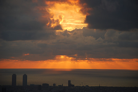Barcelona, Dawn, Horizon, Sky, oblaky, západ slnka