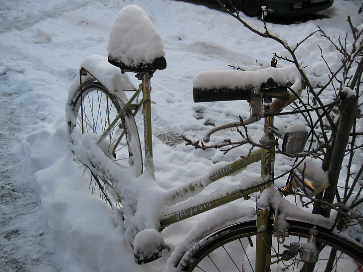velosipēds, eingschneit, vecais, sniega, ziemas, auksti, balta