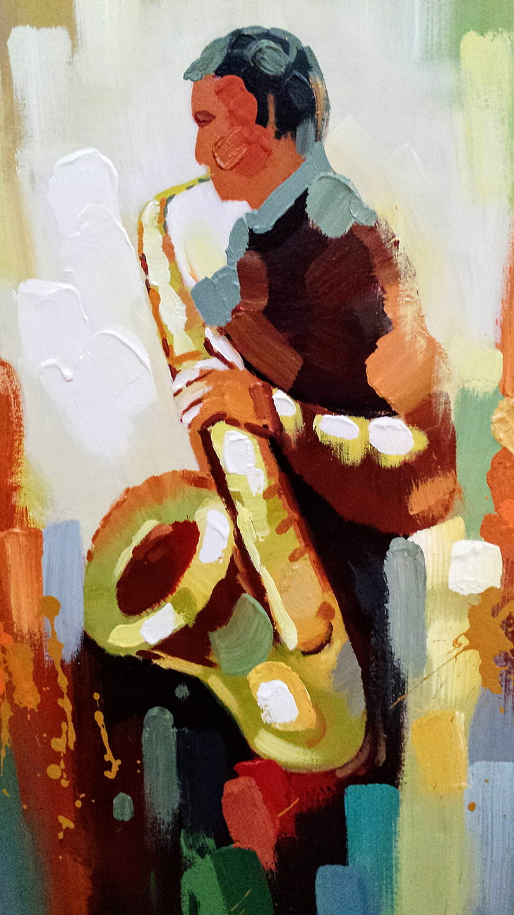 saxophone, painting, art, paint, colors, artistic, work of art