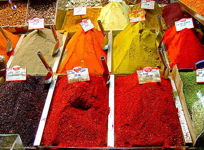 krydder, Tyrkia, folk, markedet, farge, pulver, mange