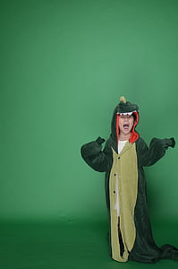 恐龙, 绿色, 可爱, 军用帽, 军用背包, 儿童, 女孩