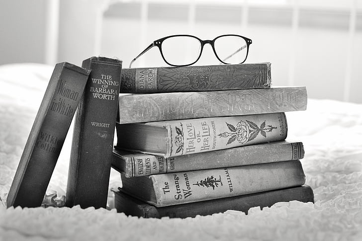 antique, black-and-white, books, education, encyclopedia, glasses, gray