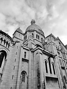 bazilika, Szent Szív, Párizs, Montmartre, Franciaország, fekete, fehér