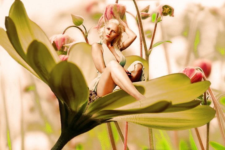 woman, flower, nature, macro, meadow, sky, funny