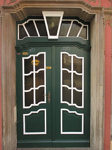 puerta de entrada, puerta, entrada de la casa, antiguo, verde, históricamente, celosías