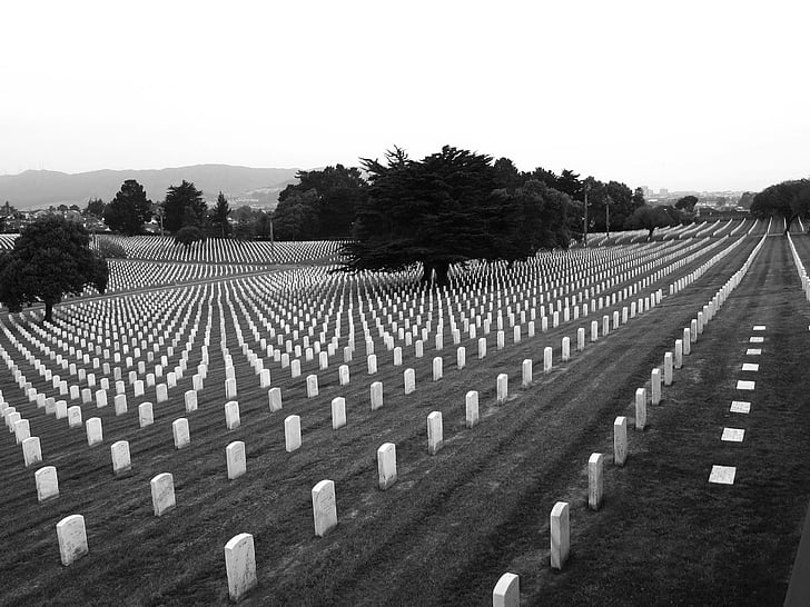 cintorín, hroby, vojaci, mŕtvych, náhrobné kamene, smrť, čierna a biela