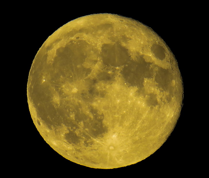 Moon, täiskuu, kollane, öö, tume, Sulgege, kuu kraatrid