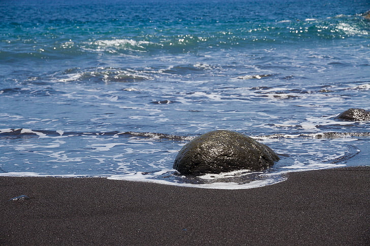 stranden, sjøen, vann, blå, sand, svart sand, stein