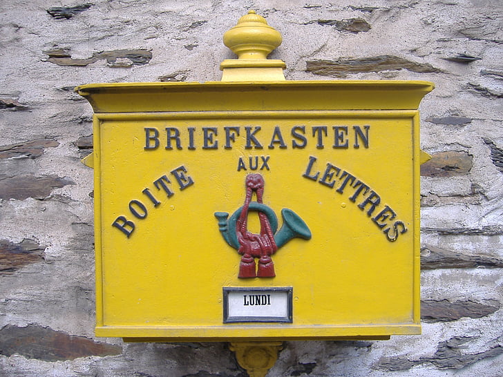 mailbox, yellow, post, luxembourg, old, beautiful