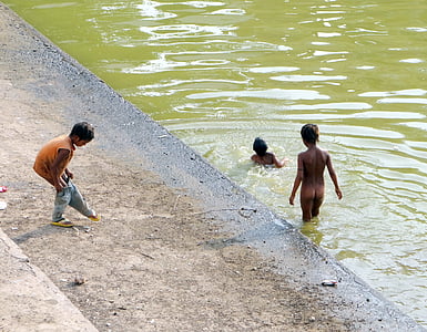 子供, 泳ぐ, 水, インド