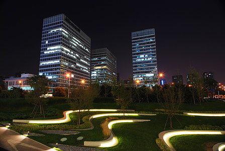 Ночная точка зрения, городской пейзаж, здание, Пекин, город, Wangjing, свет