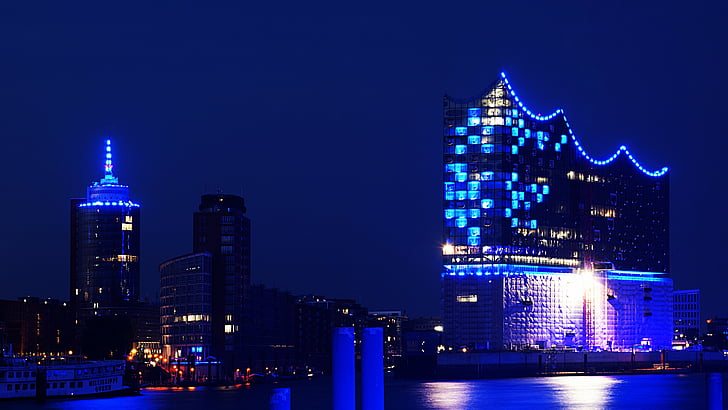Hampuri, Elbe philharmonic hall, Harbour city, Saksa, Blue-iltoja, yö, pilvenpiirtäjä