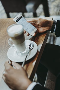 kohvi, Cup, jook, käed, iPhone, mobiiltelefoni, kruus