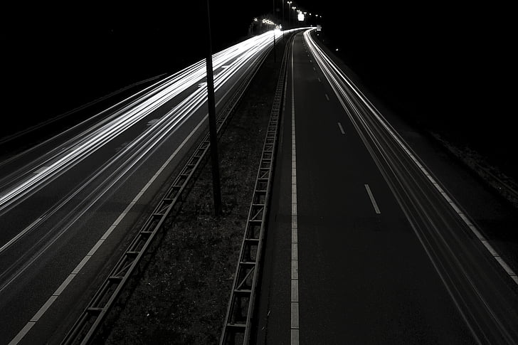 asfalto, sfocatura, scuro, sera, superstrada, veloce, autostrada