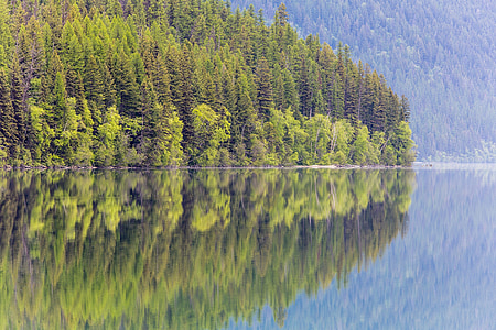 Lago de Bowman, reflexión, árboles, bosque, Haze, montañas, agua