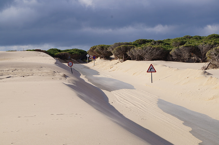 dunes, signs, road, desert, sand, nature, highway