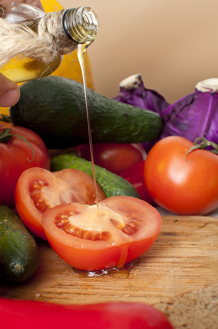 sarkana, olīvu, eļļa, tomāti, pārtika, veselīgi, uzkodu
