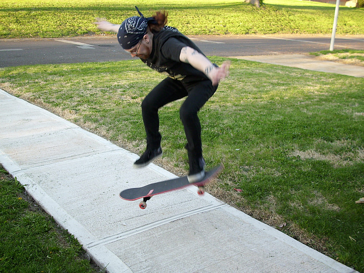 Skateboarding, skateboarder, fortau, hoppe, mann, knep, Skate triks