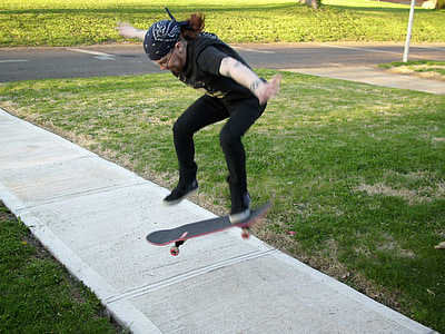 skateboarden, skateboarder, trottoir, -stap-springen, man, truc, Skate truc