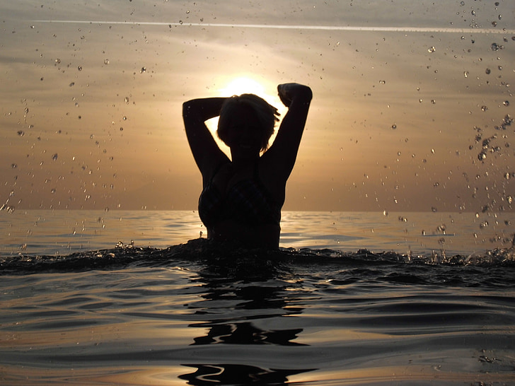 havet, kvinna, simma, siluett, solen, Injicera, paddling