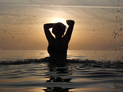 havet, kvinde, svømme, silhuet, solen, indsprøjtes, padle